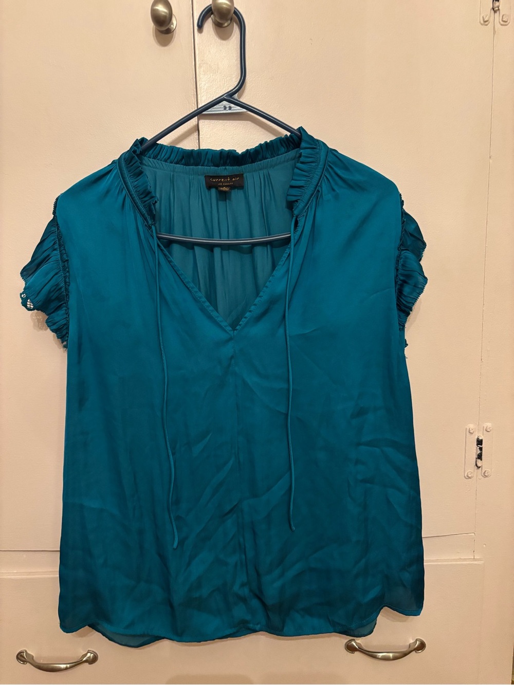 Current Air Teal Tie-Neck Ruffle Sleeve Blouse